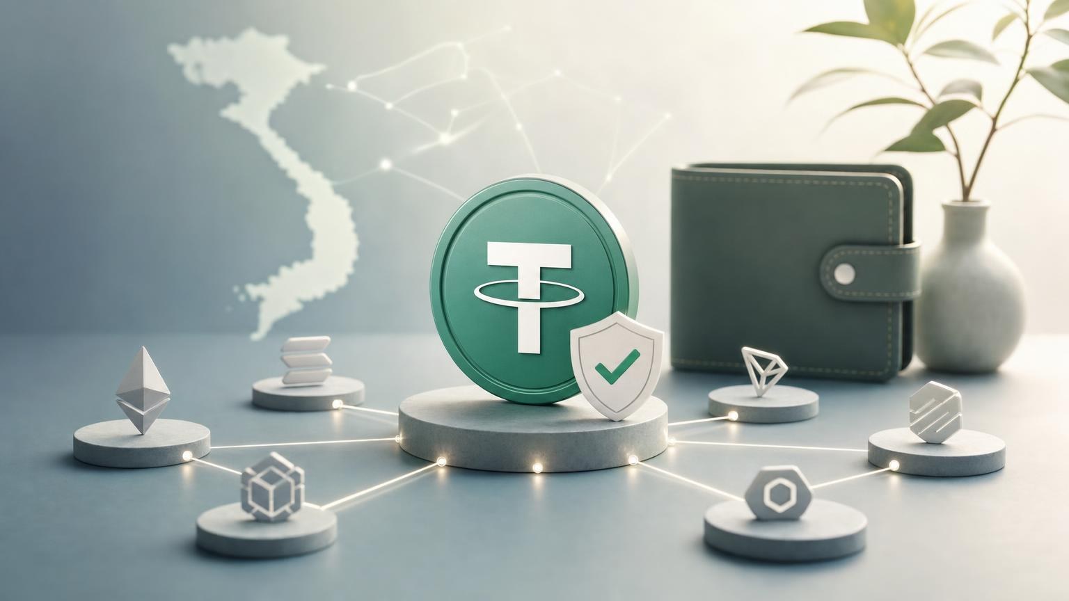 Người dùng đối chiếu mạng USDT, địa chỉ nhận, phí và trạng thái giao dịch trước khi xác nhận lệnh đổi tiền mã hóa